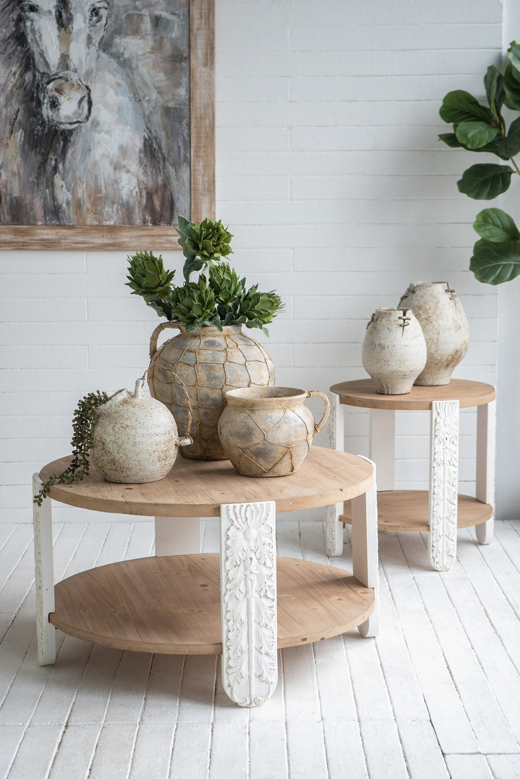 20x20x19.7' Round Two-Tiered Wooden Side Table with Natural Brown Finish and Distressed White Legs End Table