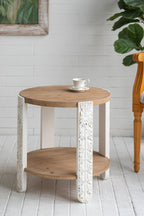 20x20x19.7' Round Two-Tiered Wooden Side Table with Natural Brown Finish and Distressed White Legs End Table