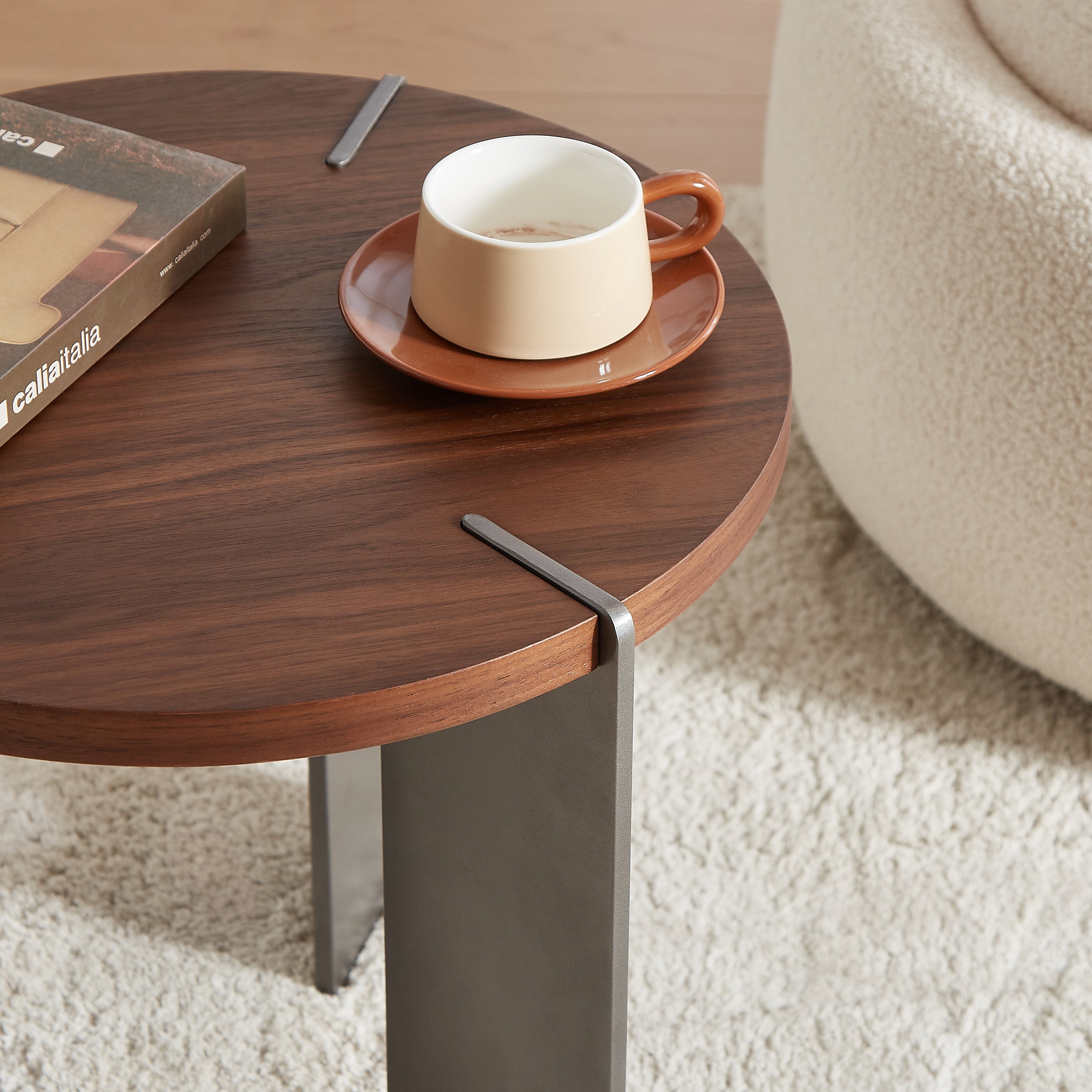 Round Coffee Table Walnut Wood Surface and Black Metel Feet