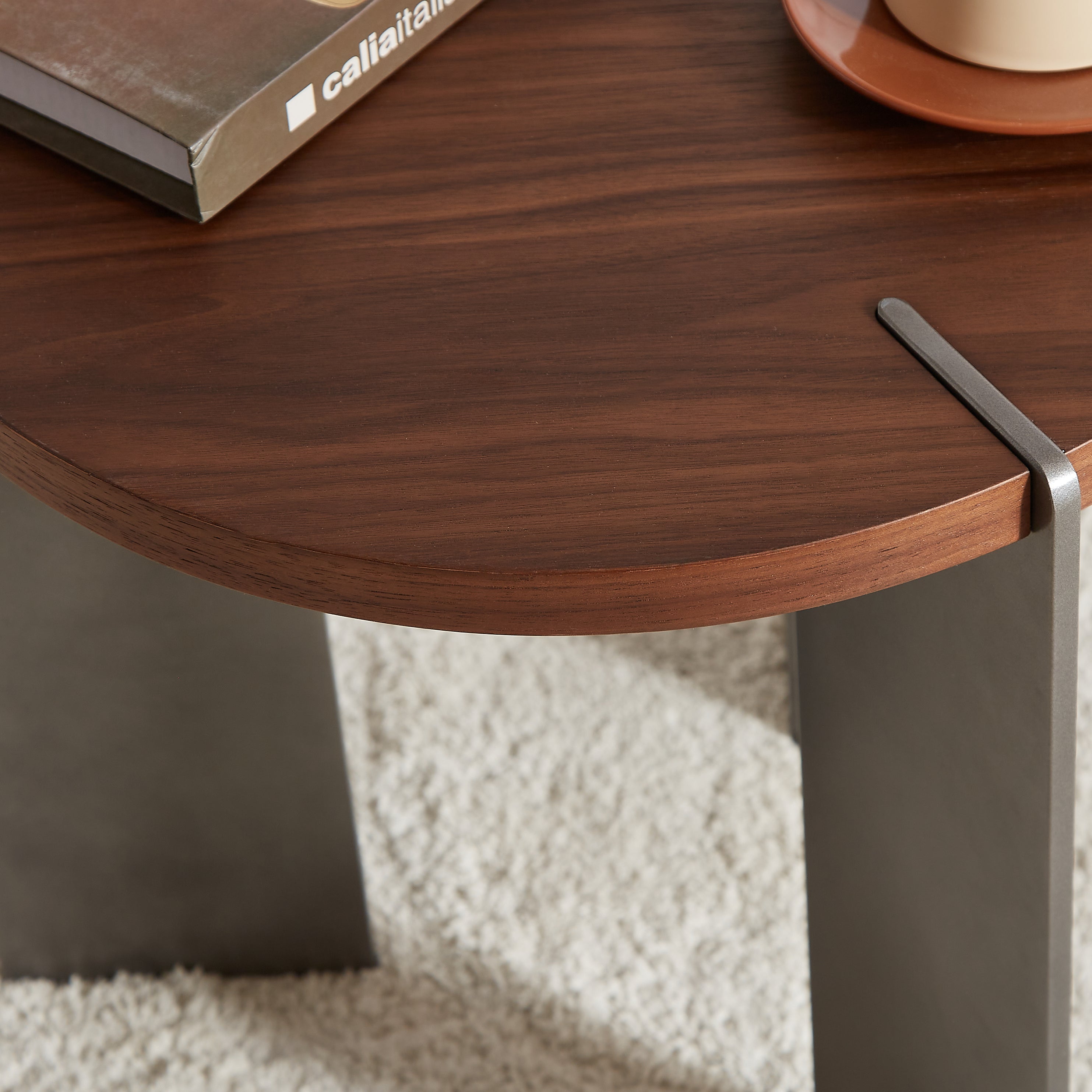 Round Coffee Table Walnut Wood Surface and Black Metel Feet