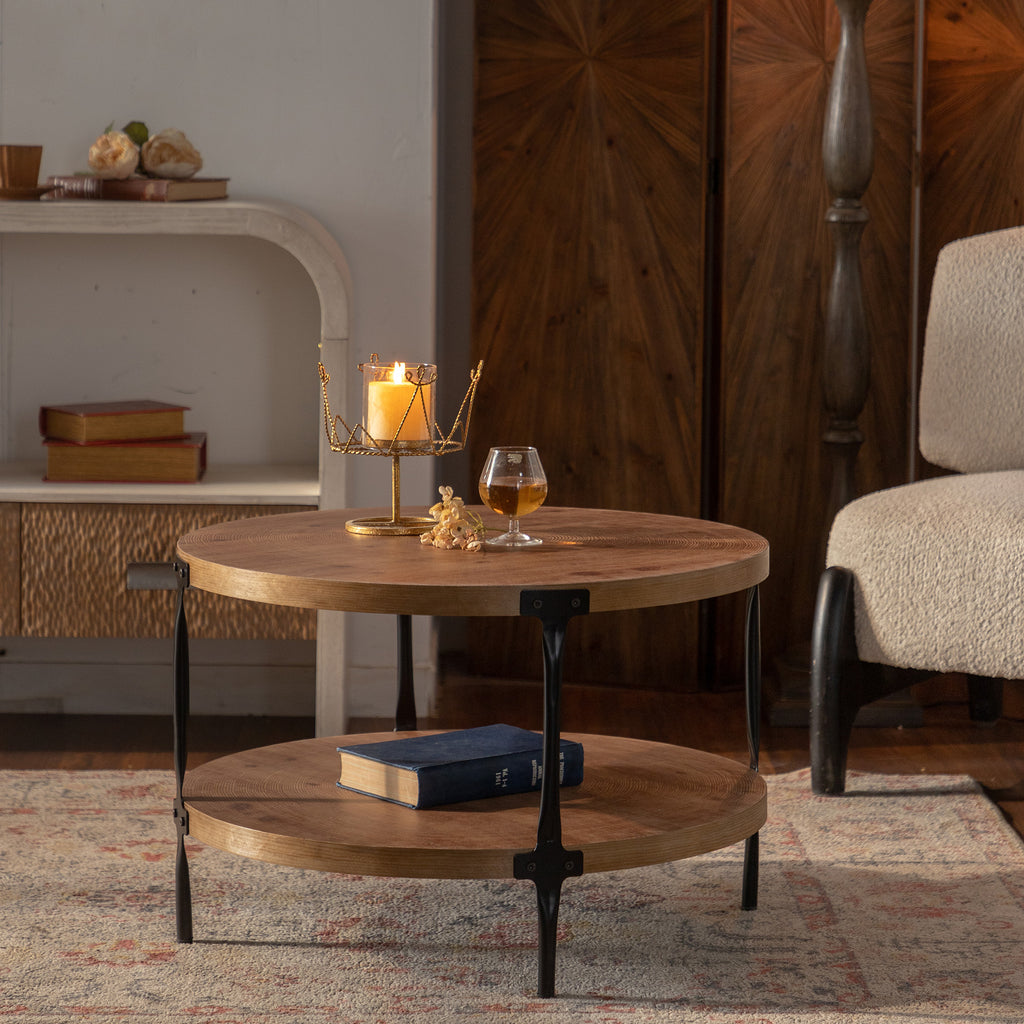 Round two-ply Coffee Table Handcrafted Relief Sturdy Pedestal Wooden Olive-Shaped Tea Table for Living Room