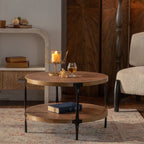 Round two-ply Coffee Table Handcrafted Relief Sturdy Pedestal Wooden Olive-Shaped Tea Table for Living Room