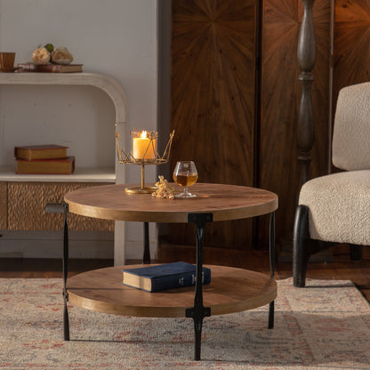 Round two-ply Coffee Table Handcrafted Relief Sturdy Pedestal Wooden Olive-Shaped Tea Table for Living Room