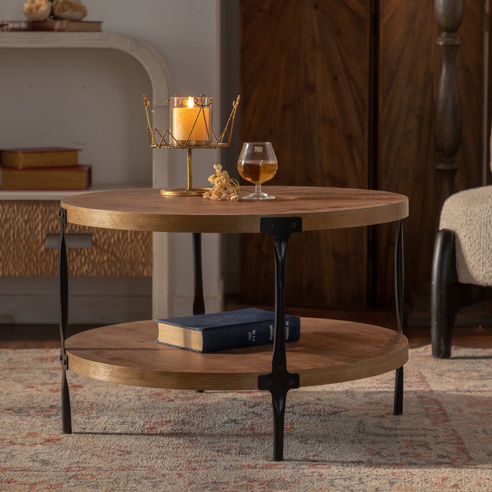 Round two-ply Coffee Table Handcrafted Relief Sturdy Pedestal Wooden Olive-Shaped Tea Table for Living Room