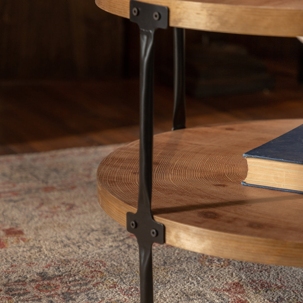 Round two-ply Coffee Table Handcrafted Relief Sturdy Pedestal Wooden Olive-Shaped Tea Table for Living Room