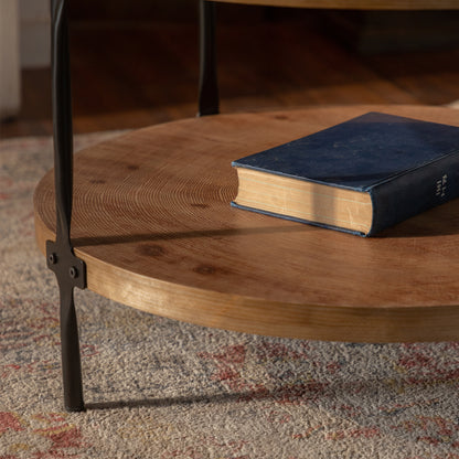 Round two-ply Coffee Table Handcrafted Relief Sturdy Pedestal Wooden Olive-Shaped Tea Table for Living Room