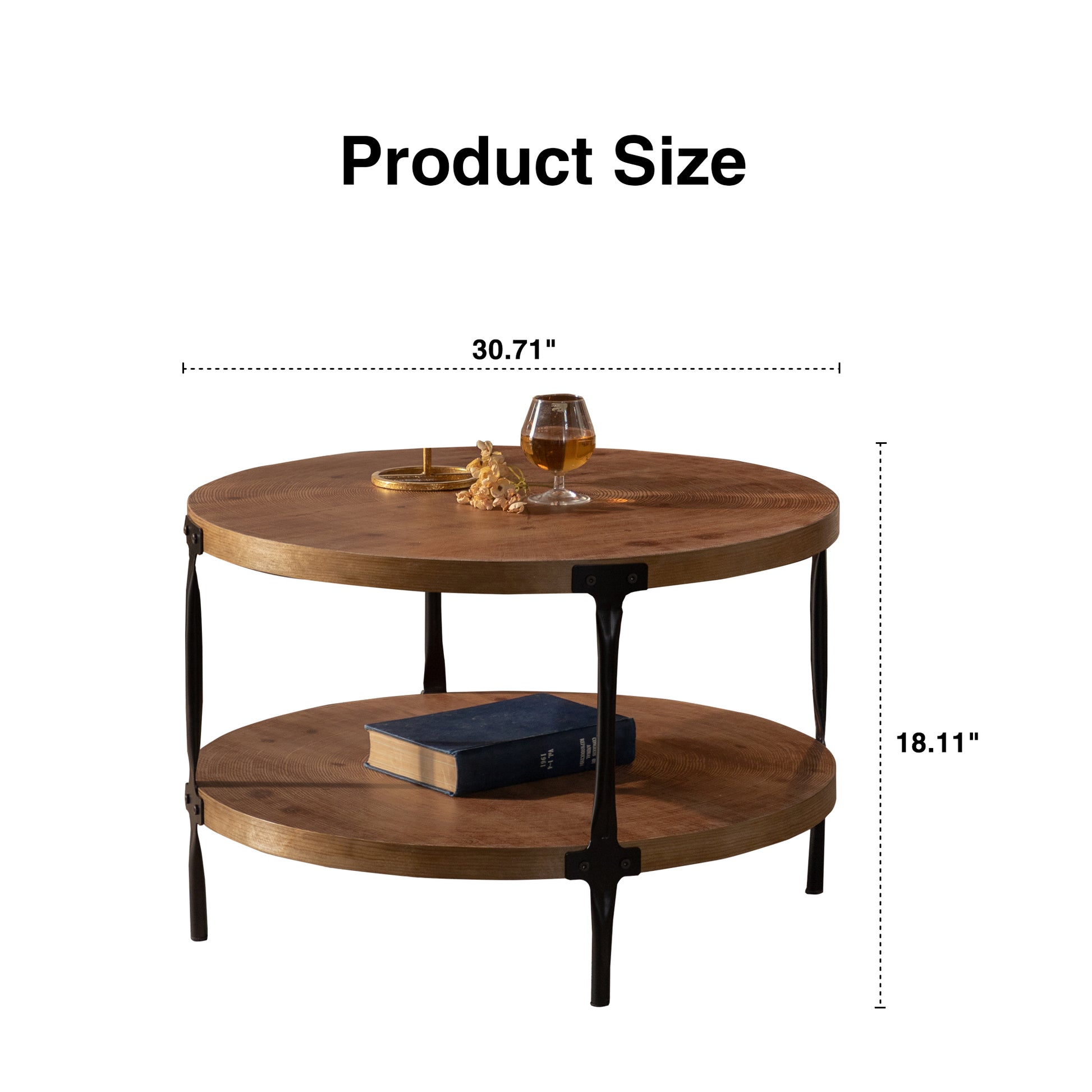 Round two-ply Coffee Table Handcrafted Relief Sturdy Pedestal Wooden Olive-Shaped Tea Table for Living Room