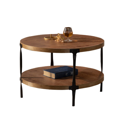 Round two-ply Coffee Table Handcrafted Relief Sturdy Pedestal Wooden Olive-Shaped Tea Table for Living Room