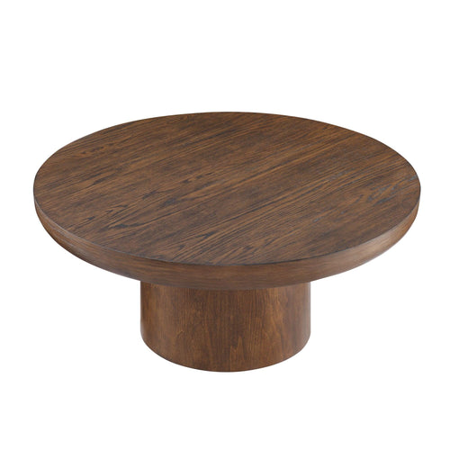 Round Wood Veneer Coffee Table with Cylindrical Legs, Brown.