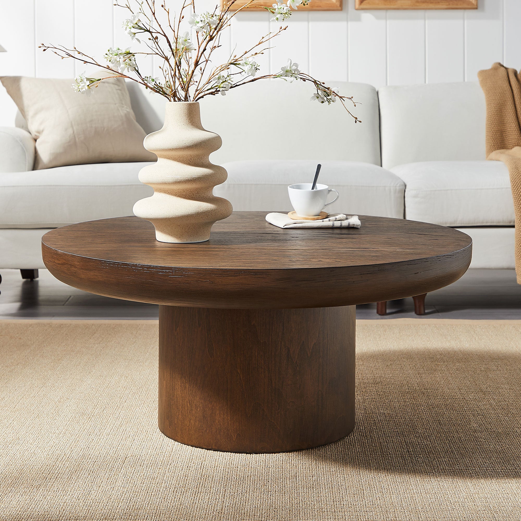 35.98inch Round Coffee Table with Cylindrical Leg,Wood Veneer Tabletop Table,Rounded Sofa Side Table for living Room Office,Brown