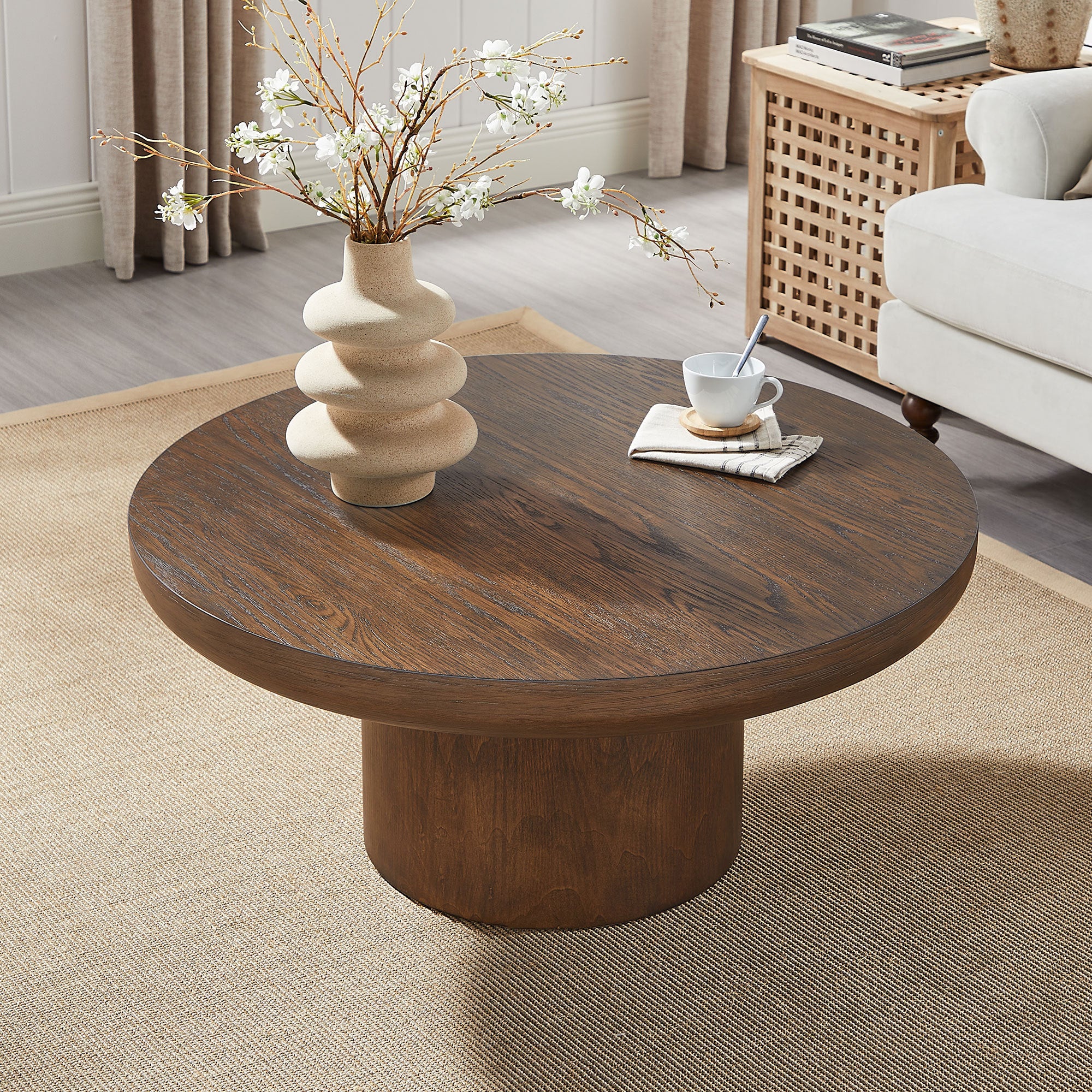35.98inch Round Coffee Table with Cylindrical Leg,Wood Veneer Tabletop Table,Rounded Sofa Side Table for living Room Office,Brown