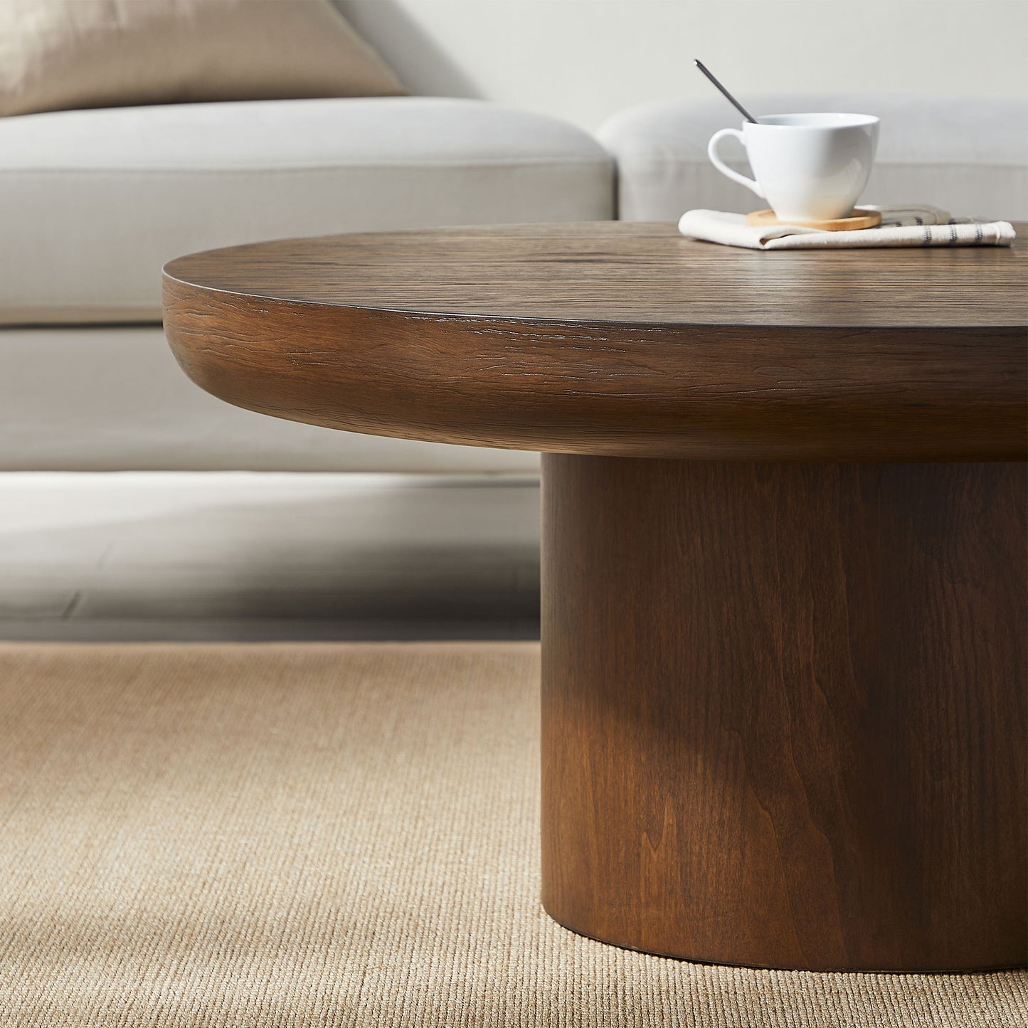 35.98inch Round Coffee Table with Cylindrical Leg,Wood Veneer Tabletop Table,Rounded Sofa Side Table for living Room Office,Brown