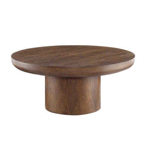 Round Wood Veneer Coffee Table with Cylindrical Legs, Brown.