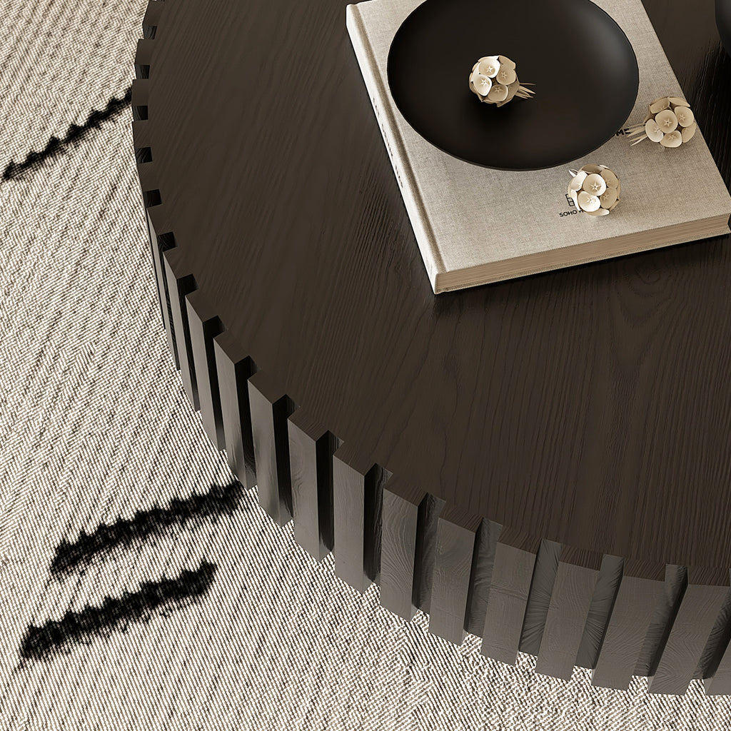 Round Coffee Table Handcrafted Relief Sturdy Pedestal Wooden Olive-Shaped Tea Table for Living Room