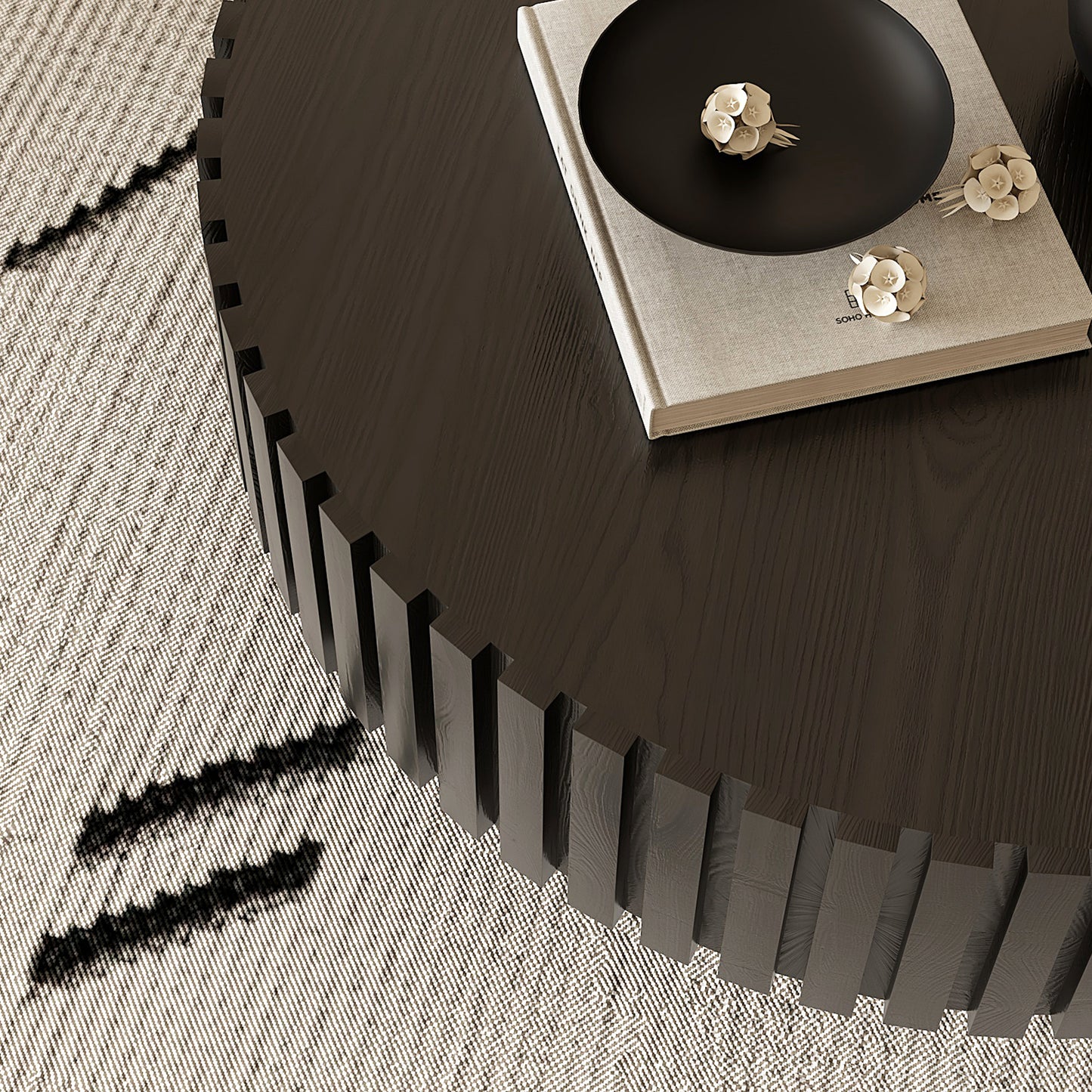 Round Coffee Table Handcrafted Relief Sturdy Pedestal Wooden Olive-Shaped Tea Table for Living Room