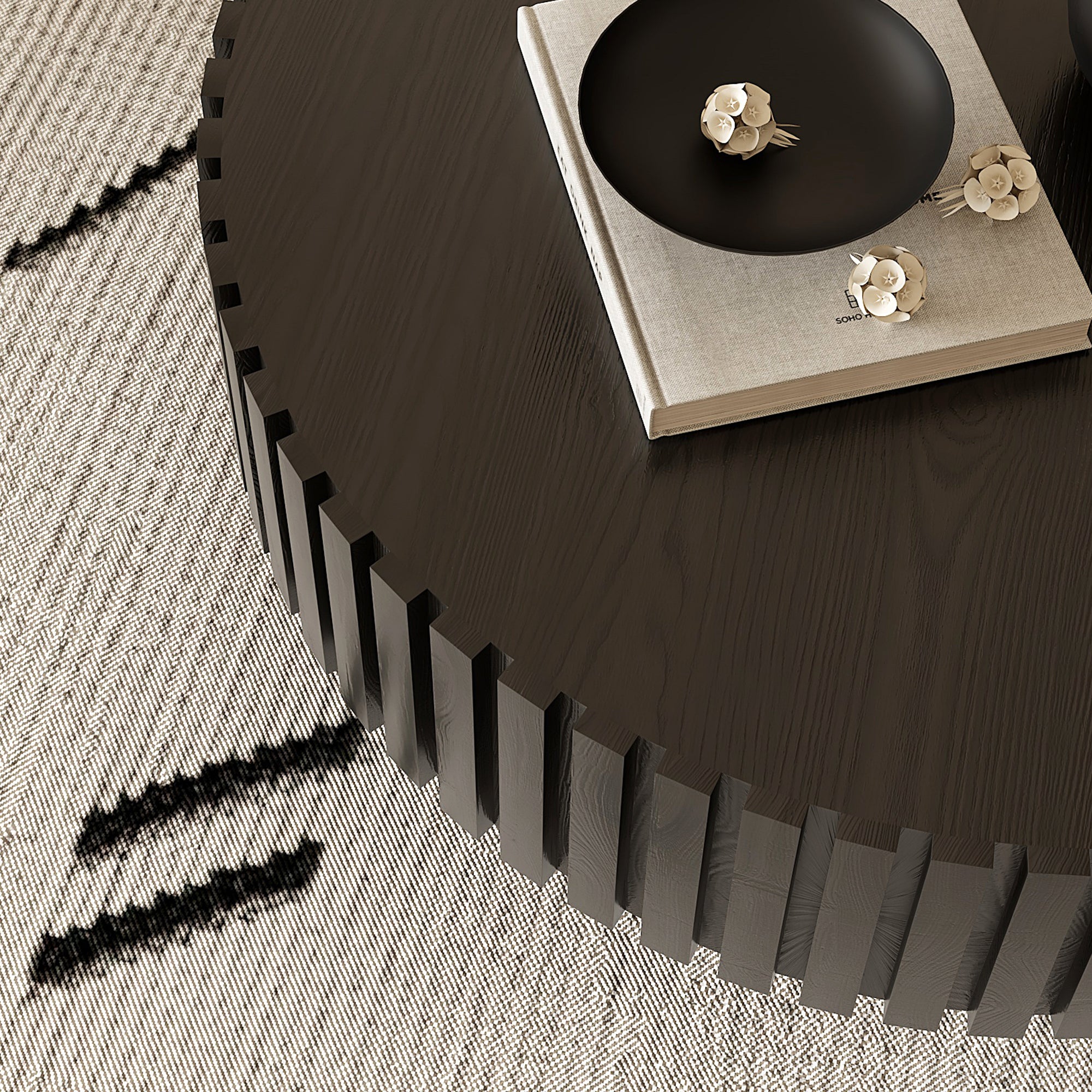 Round Coffee Table Handcrafted Relief Sturdy Pedestal Wooden Olive-Shaped Tea Table for Living Room