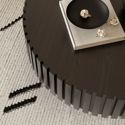 Round Coffee Table Handcrafted Relief Sturdy Pedestal Wooden Olive-Shaped Tea Table for Living Room