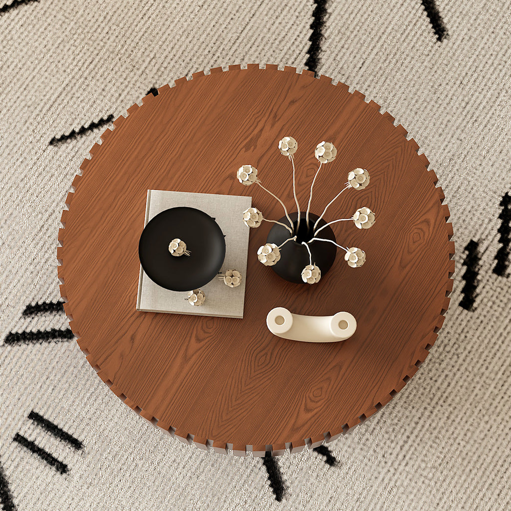 Round Coffee Table Handcrafted Relief Sturdy Pedestal Wooden Olive-Shaped Tea Table for Living Room