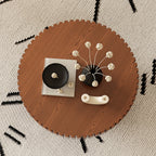 Round Coffee Table Handcrafted Relief Sturdy Pedestal Wooden Olive-Shaped Tea Table for Living Room