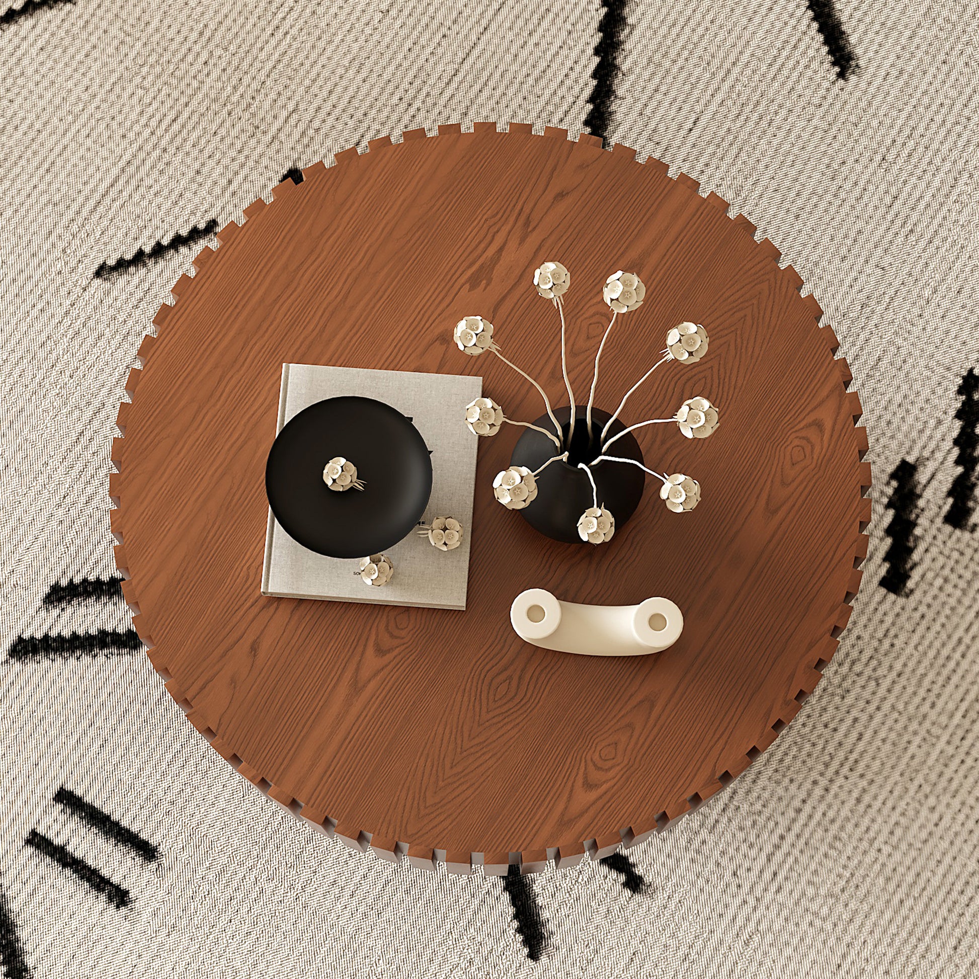 Round Coffee Table Handcrafted Relief Sturdy Pedestal Wooden Olive-Shaped Tea Table for Living Room