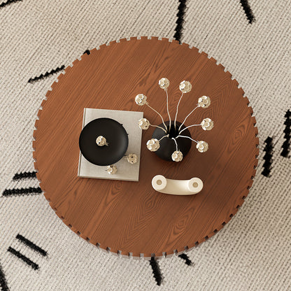 Round Coffee Table Handcrafted Relief Sturdy Pedestal Wooden Olive-Shaped Tea Table for Living Room