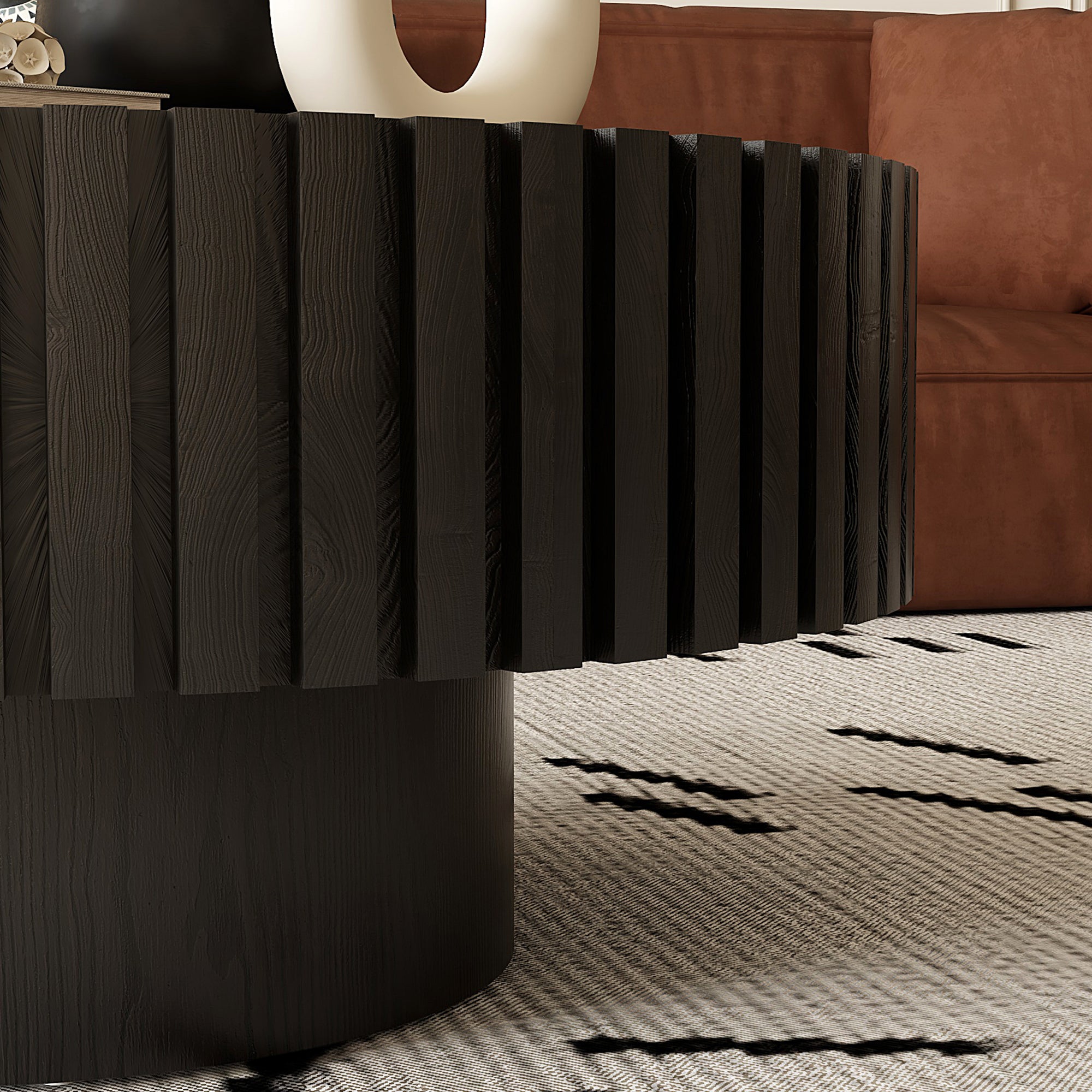 Round Coffee Table Handcrafted Relief Sturdy Pedestal Wooden Olive-Shaped Tea Table for Living Room