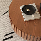 Round Coffee Table Handcrafted Relief Sturdy Pedestal Wooden Olive-Shaped Tea Table for Living Room