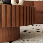 Round Coffee Table Handcrafted Relief Sturdy Pedestal Wooden Olive-Shaped Tea Table for Living Room