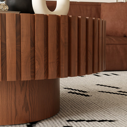 Round Coffee Table Handcrafted Relief Sturdy Pedestal Wooden Olive-Shaped Tea Table for Living Room