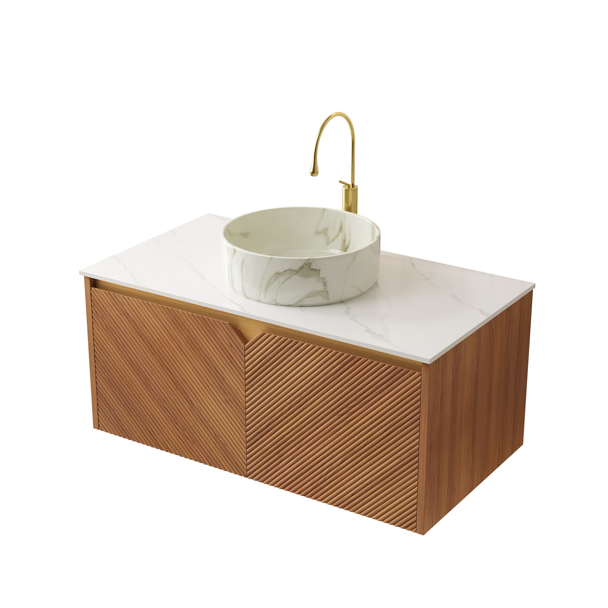 RUBEN 36' Wall-Mounted Brown Oak Cabinet and Carrara White Countertop, NO Basin, No Faucet and Sink Cover Bathroom Vanity