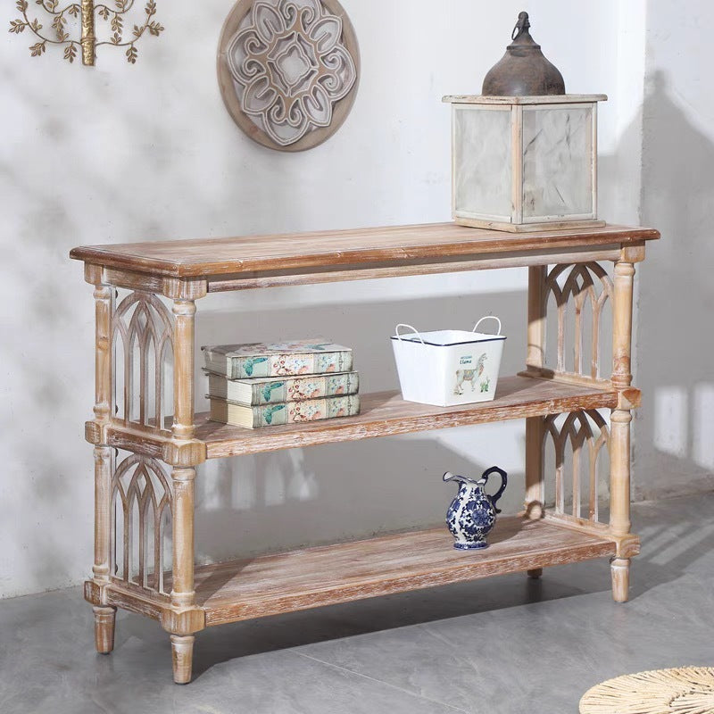 Rustic 3 - Tier Console Table with Gothic - Inspired Details, 47.24' Long Wooden Entryway Table for Living Room and Hallway Console Table