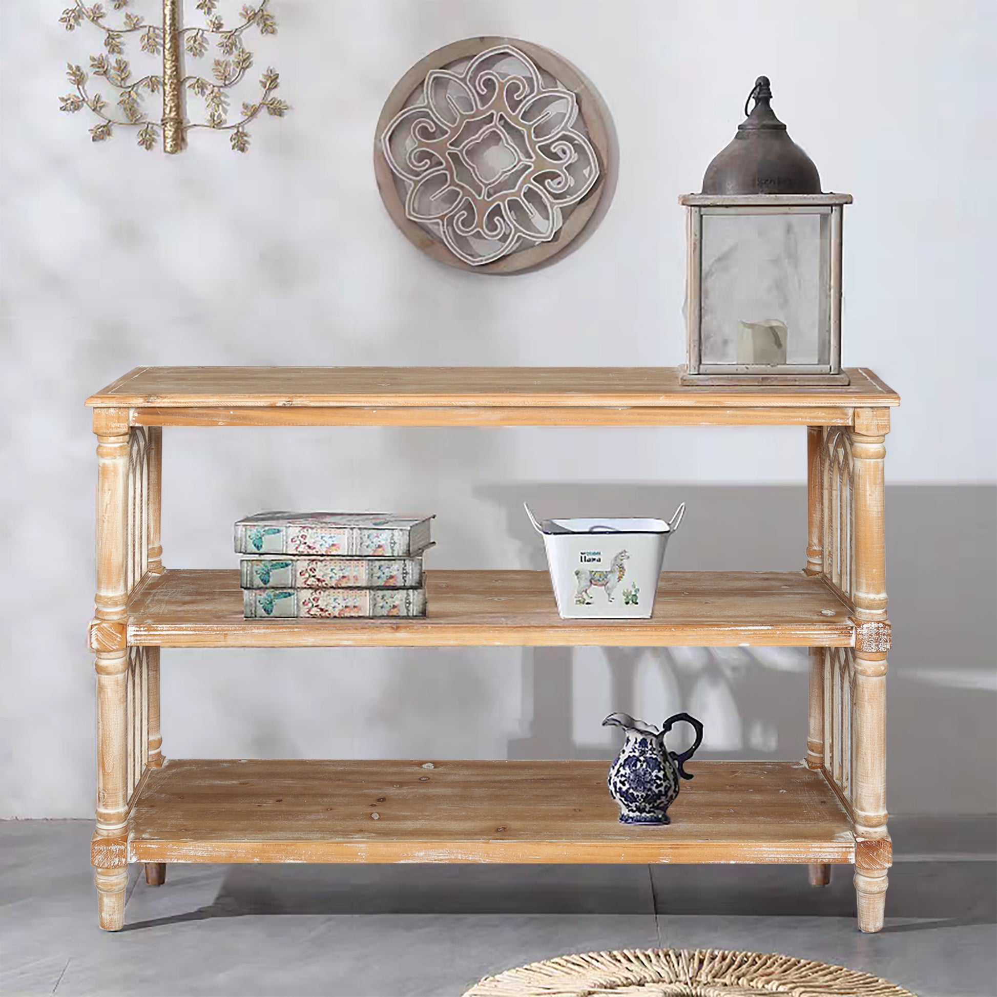 Rustic 3 - Tier Console Table with Gothic - Inspired Details, 47.24' Long Wooden Entryway Table for Living Room and Hallway Console Table