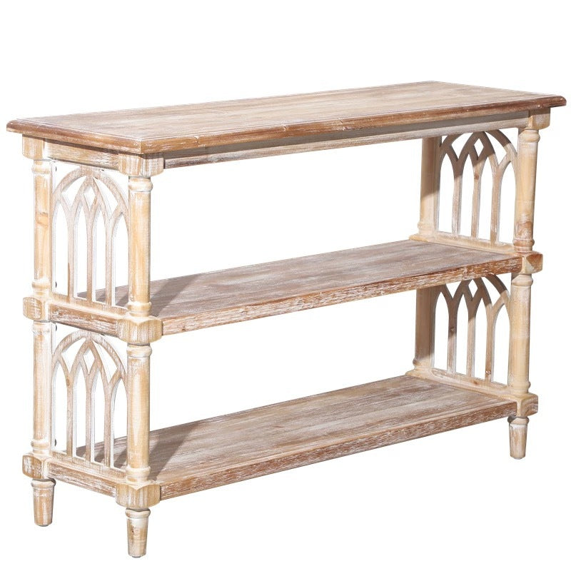 Rustic 3 - Tier Console Table with Gothic - Inspired Details, 47.24' Long Wooden Entryway Table for Living Room and Hallway Console Table