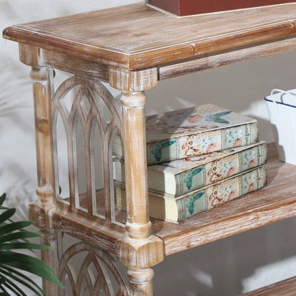 Rustic 3 - Tier Console Table with Gothic - Inspired Details, 47.24' Long Wooden Entryway Table for Living Room and Hallway Console Table