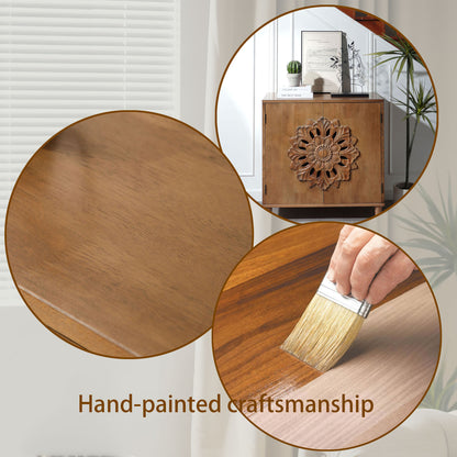 Rustic Hand-Carved Wooden 2-Door Cabinet – Boho Accent Storage Cabinet with Floral Design, Solid Wood Sideboard for Living Room, Entryway, or Bedroom