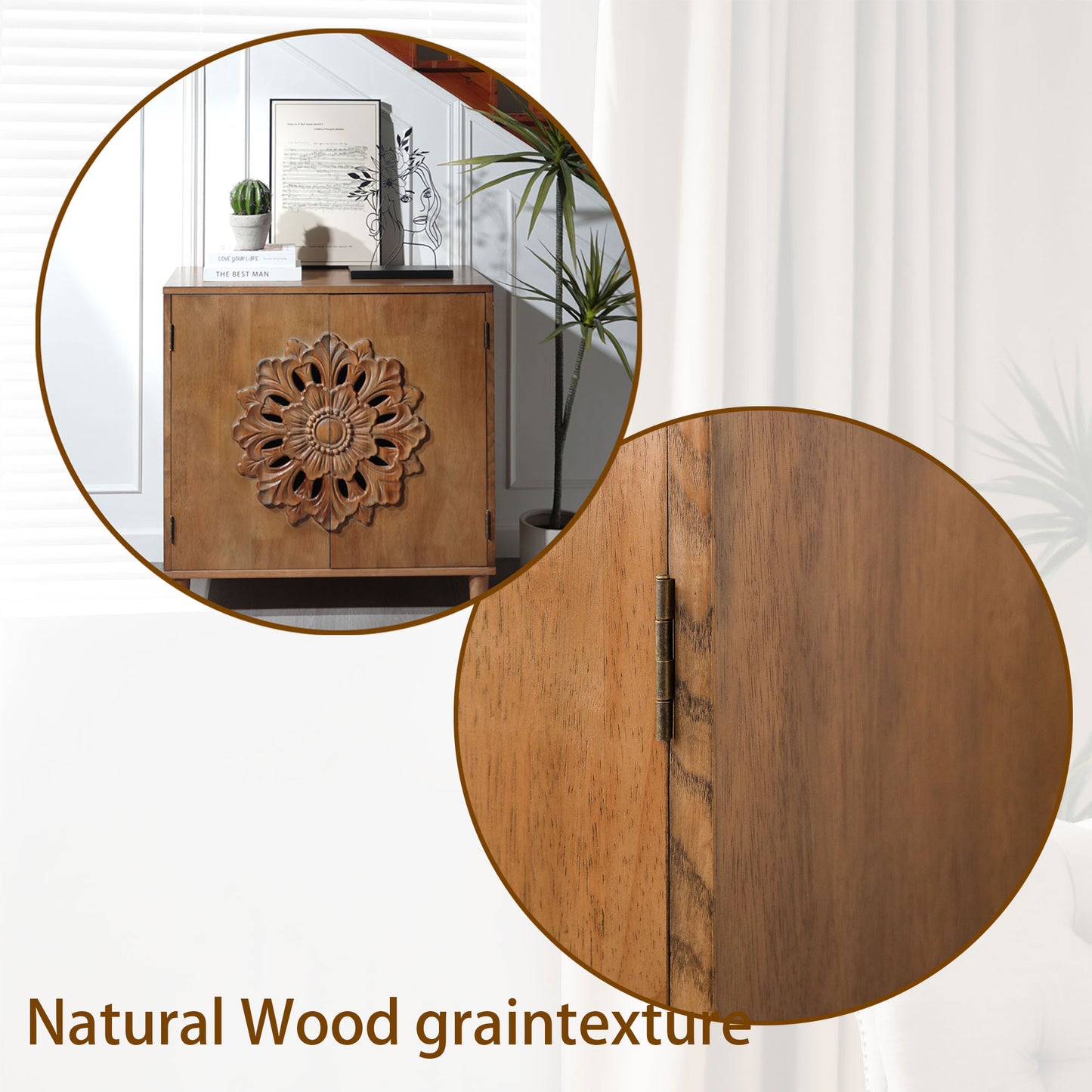 Rustic Hand-Carved Wooden 2-Door Cabinet – Boho Accent Storage Cabinet with Floral Design, Solid Wood Sideboard for Living Room, Entryway, or Bedroom