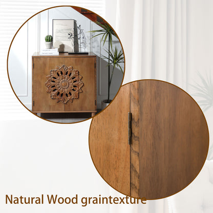 Rustic Hand-Carved Wooden 2-Door Cabinet – Boho Accent Storage Cabinet with Floral Design, Solid Wood Sideboard for Living Room, Entryway, or Bedroom