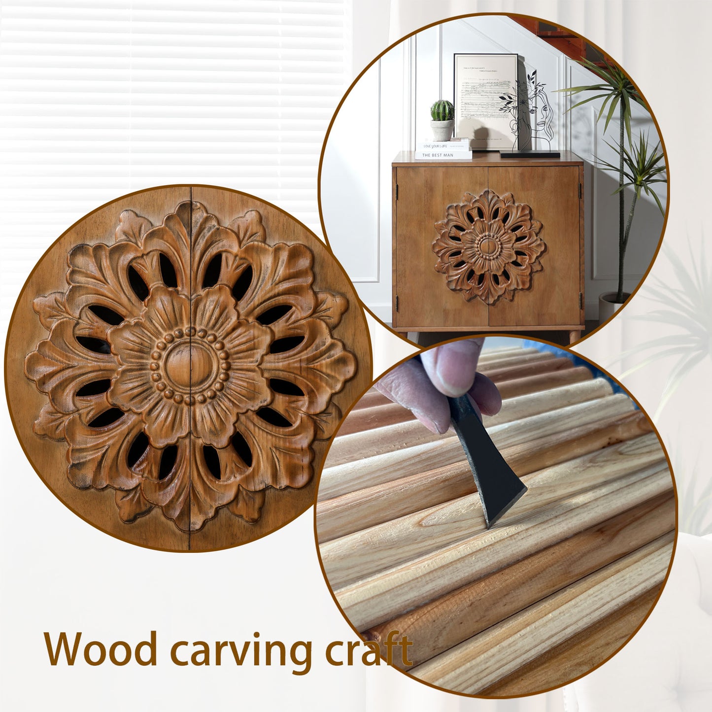 Rustic Hand-Carved Wooden 2-Door Cabinet – Boho Accent Storage Cabinet with Floral Design, Solid Wood Sideboard for Living Room, Entryway, or Bedroom