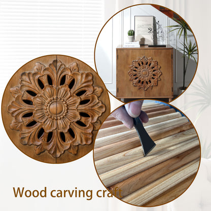 Rustic Hand-Carved Wooden 2-Door Cabinet – Boho Accent Storage Cabinet with Floral Design, Solid Wood Sideboard for Living Room, Entryway, or Bedroom