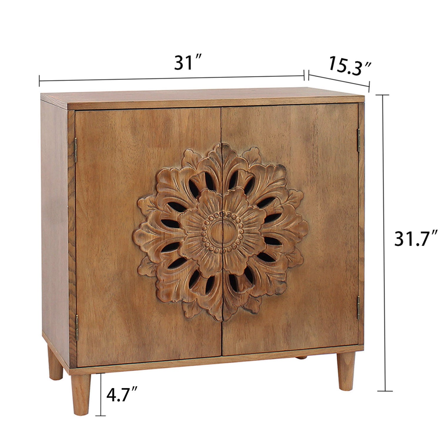 Rustic Hand-Carved Wooden 2-Door Cabinet – Boho Accent Storage Cabinet with Floral Design, Solid Wood Sideboard for Living Room, Entryway, or Bedroom