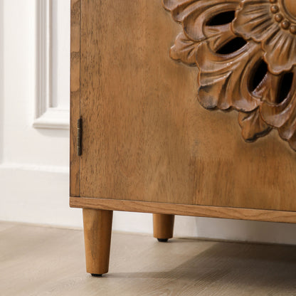 Rustic Hand-Carved Wooden 2-Door Cabinet – Boho Accent Storage Cabinet with Floral Design, Solid Wood Sideboard for Living Room, Entryway, or Bedroom