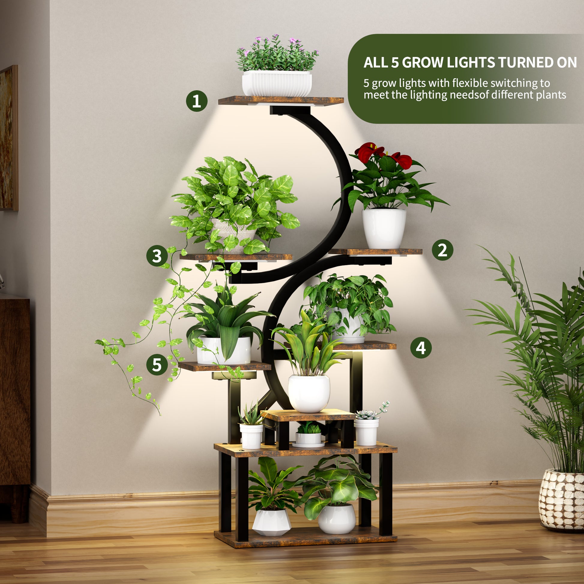 8-Tiered Indoor Plant Stand with 5 Grow Lights, 10-Level Stepless Dimming, Durable Thickened Metal Steel Pipe (0.8mm) for Living Room, Garden