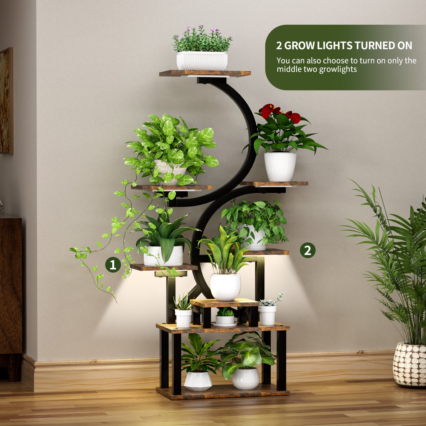 8-Tiered Indoor Plant Stand with 5 Grow Lights, 10-Level Stepless Dimming, Durable Thickened Metal Steel Pipe (0.8mm) for Living Room, Garden