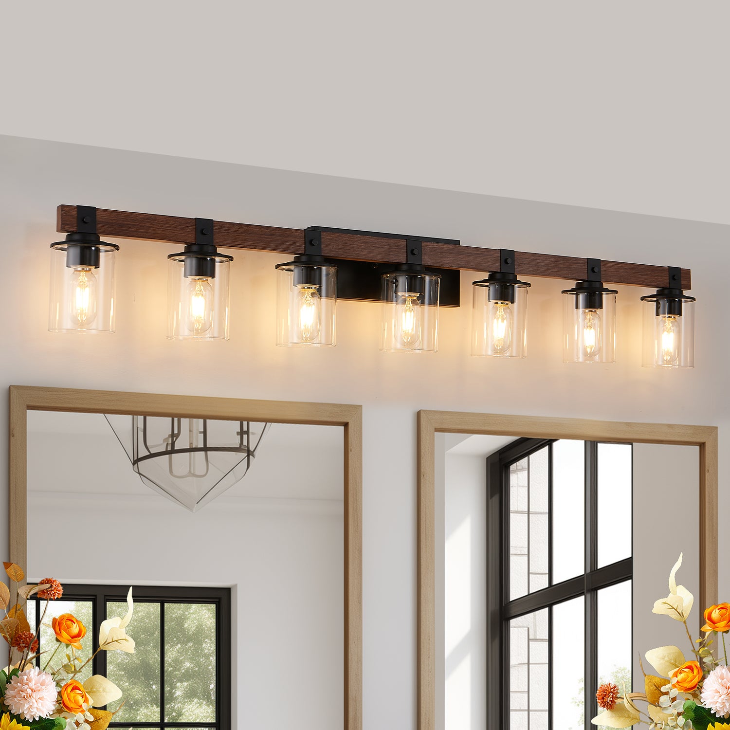 50' Rustic 7-Light Vanity Light, Industrial Bathroom Wall Sconce with Glass Shades and Wood Accent, Modern Farmhouse Lighting Fixture (No Bulbs)