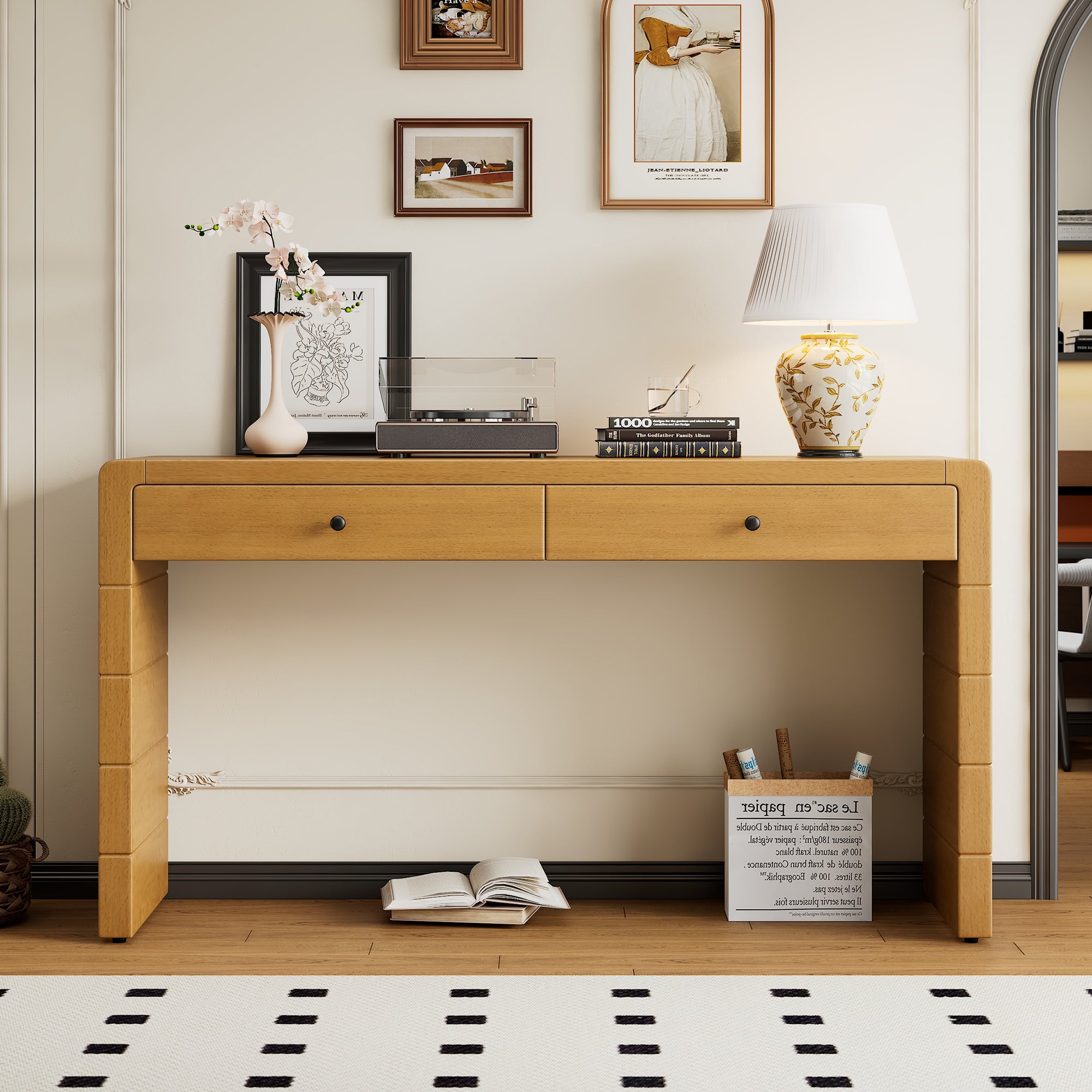 TREXM Curved Console Table with Storage, Wooden Entryway Table with 2 Drawers, Farmhouse Rustic Console Tables for Entryway, Hallway, Living Room, Natural