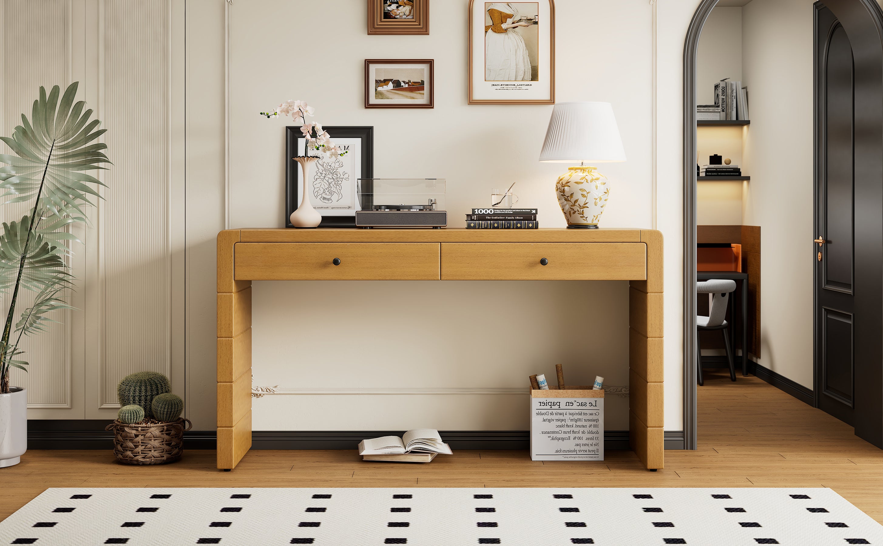 TREXM Curved Console Table with Storage, Wooden Entryway Table with 2 Drawers, Farmhouse Rustic Console Tables for Entryway, Hallway, Living Room, Natural