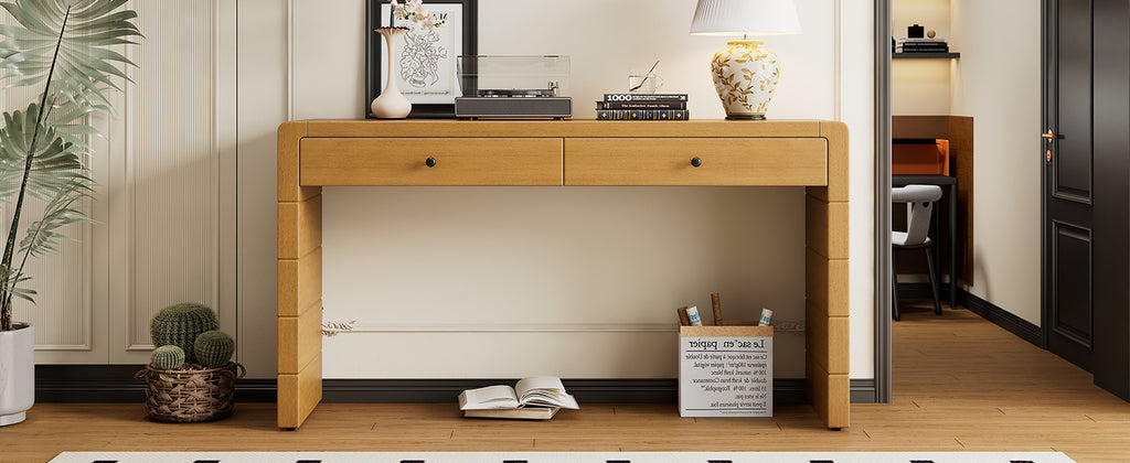 TREXM Curved Console Table with Storage, Wooden Entryway Table with 2 Drawers, Farmhouse Rustic Console Tables for Entryway, Hallway, Living Room, Natural