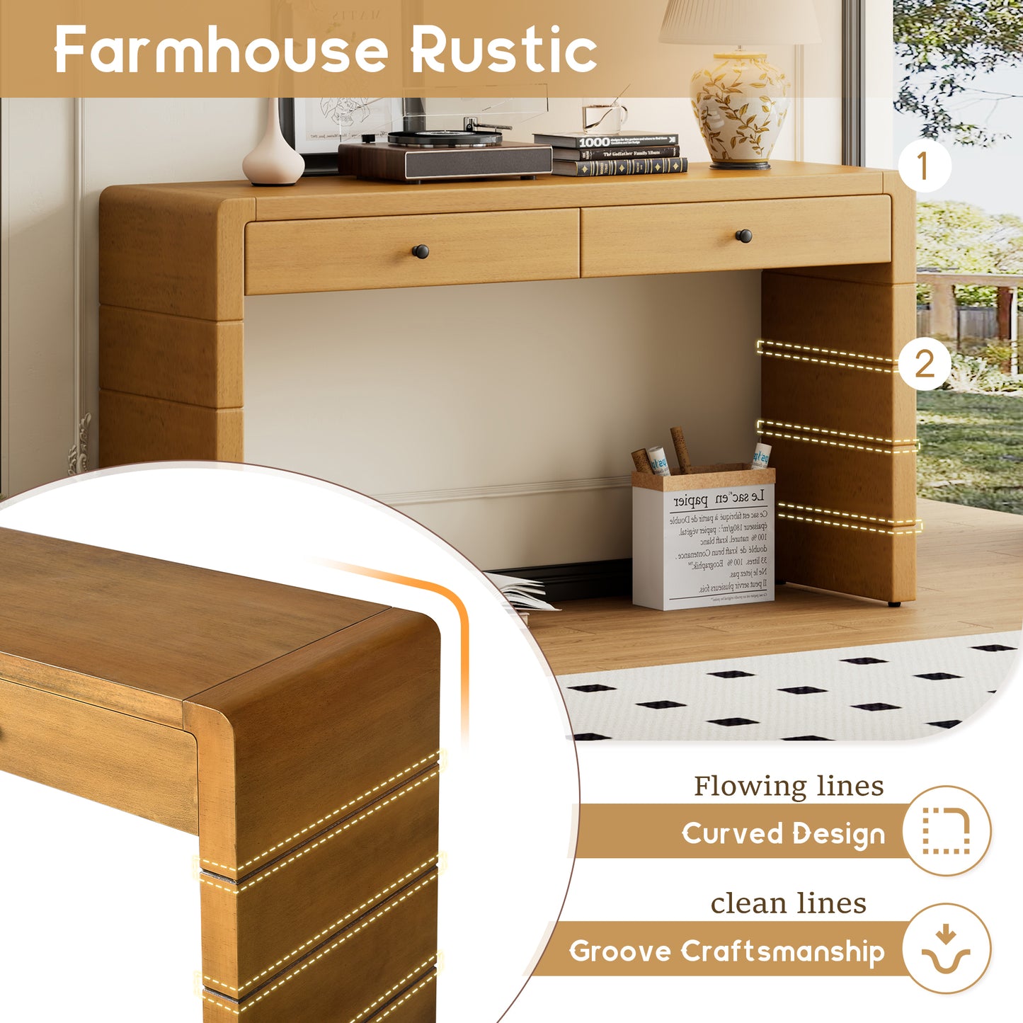 TREXM Curved Console Table with Storage, Wooden Entryway Table with 2 Drawers, Farmhouse Rustic Console Tables for Entryway, Hallway, Living Room, Natural