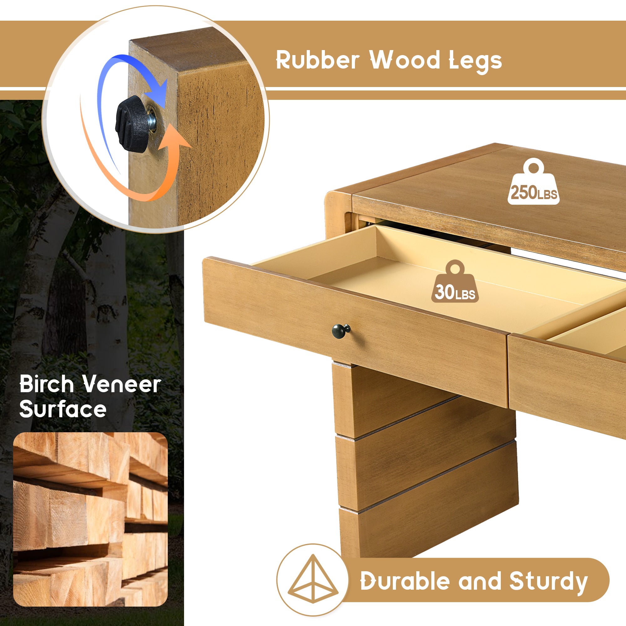 TREXM Curved Console Table with Storage, Wooden Entryway Table with 2 Drawers, Farmhouse Rustic Console Tables for Entryway, Hallway, Living Room, Natural