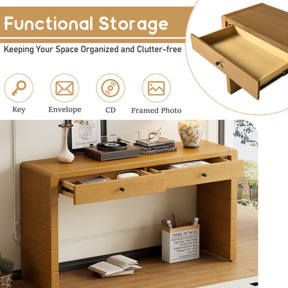 TREXM Curved Console Table with Storage, Wooden Entryway Table with 2 Drawers, Farmhouse Rustic Console Tables for Entryway, Hallway, Living Room, Natural